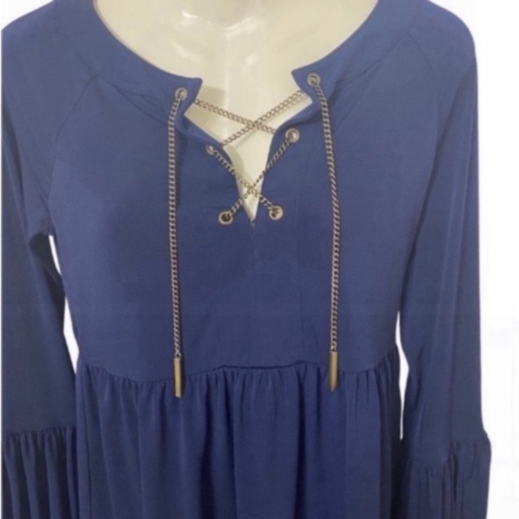 MICHAEL, Michael Kors Designer Women’s Navy Blue Gold Chain Lace-Up Blouse XS - Picture 4 of 11